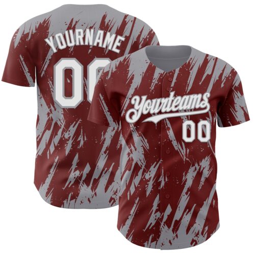 Custom Burgundy White-Gray Splatter Torn Sharp Brush Stroke Authentic Baseball Jersey