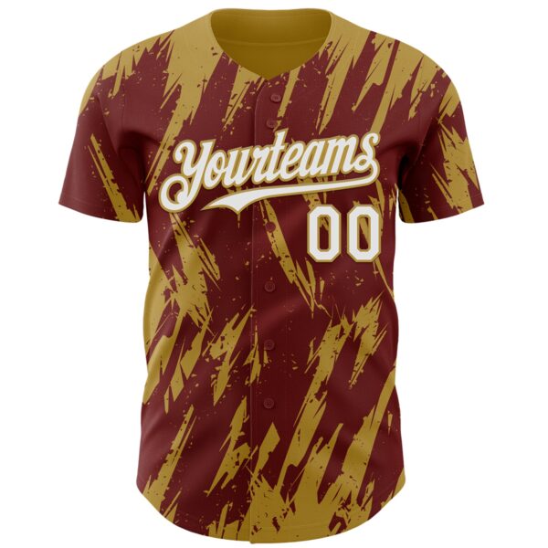 Custom Burgundy White-Old Gold Splatter Torn Sharp Brush Stroke Authentic Baseball Jersey
