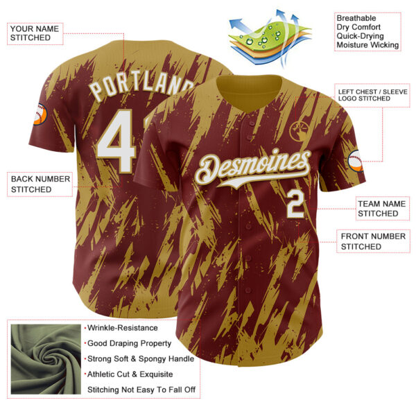Custom Burgundy White-Old Gold Splatter Torn Sharp Brush Stroke Authentic Baseball Jersey