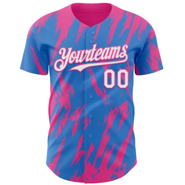 Custom Powder Blue White-Pink Splatter Torn Sharp Brush Stroke Authentic Baseball Jersey