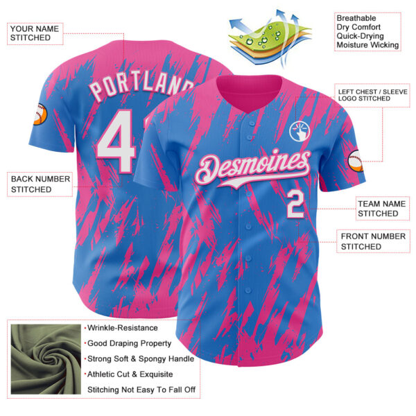 Custom Powder Blue White-Pink Splatter Torn Sharp Brush Stroke Authentic Baseball Jersey