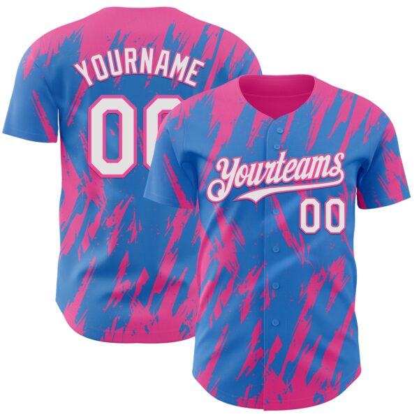 Custom Powder Blue White-Pink Splatter Torn Sharp Brush Stroke Authentic Baseball Jersey