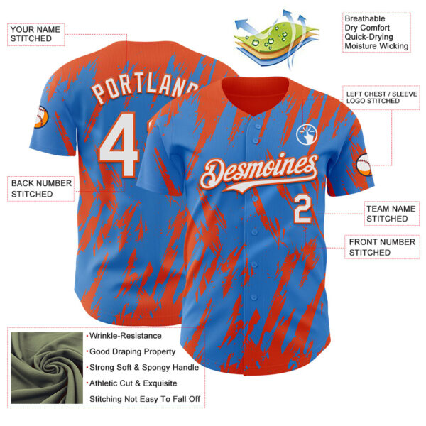 Custom Powder Blue White-Orange Splatter Torn Sharp Brush Stroke Authentic Baseball Jersey