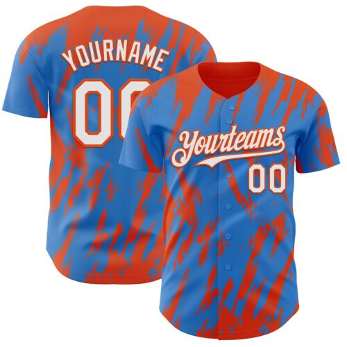 Custom Powder Blue White-Orange Splatter Torn Sharp Brush Stroke Authentic Baseball Jersey