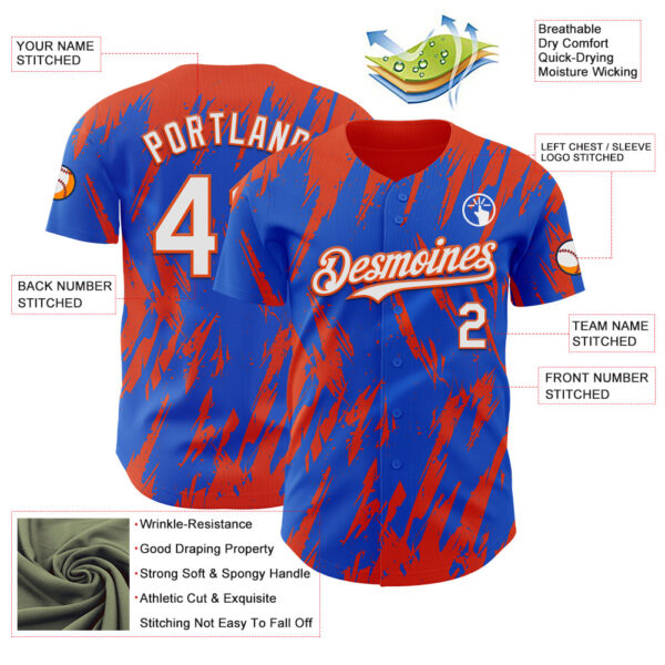 Custom Thunder Blue White-Orange Splatter Torn Sharp Brush Stroke Authentic Baseball Jersey