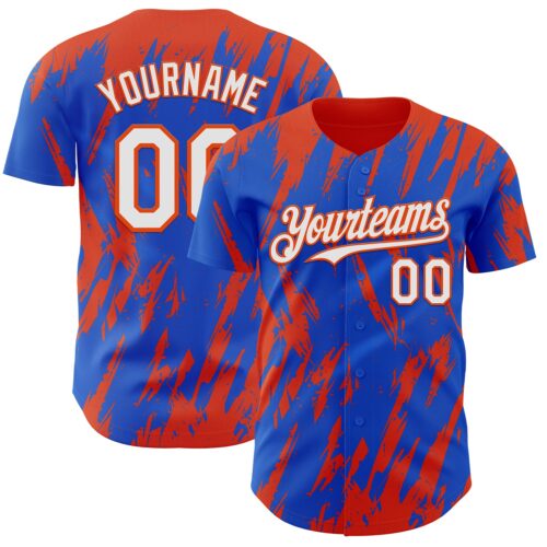 3DPattern13304 Custom Thunder Blue White-Orange Splatter Torn Sharp Brush Stroke Authentic Baseball Jersey