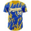Custom Thunder Blue White-Yellow Splatter Torn Sharp Brush Stroke Authentic Baseball Jersey
