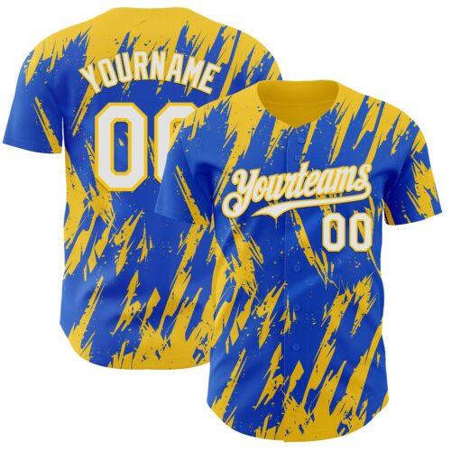 Custom Thunder Blue White-Yellow Splatter Torn Sharp Brush Stroke Authentic Baseball Jersey