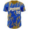 Custom Thunder Blue White-Old Gold Splatter Torn Sharp Brush Stroke Authentic Baseball Jersey