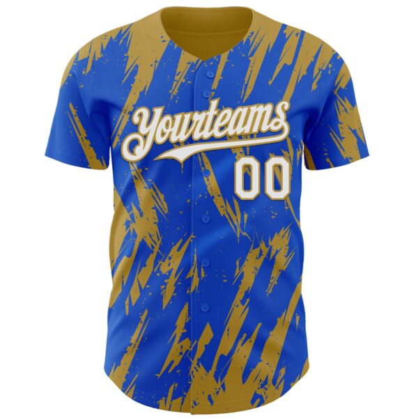 Custom Thunder Blue White-Old Gold Splatter Torn Sharp Brush Stroke Authentic Baseball Jersey