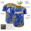 Custom Thunder Blue White-Old Gold Splatter Torn Sharp Brush Stroke Authentic Baseball Jersey