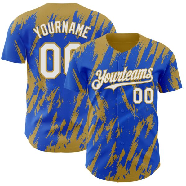 Custom Thunder Blue White-Old Gold Splatter Torn Sharp Brush Stroke Authentic Baseball Jersey