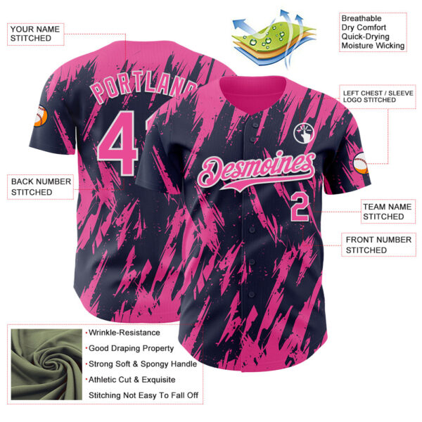 Custom Navy Pink-White Splatter Torn Sharp Brush Stroke Authentic Baseball Jersey