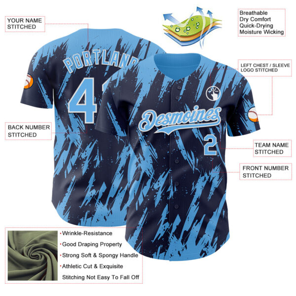 Custom Navy Sky Blue-White Splatter Torn Sharp Brush Stroke Authentic Baseball Jersey