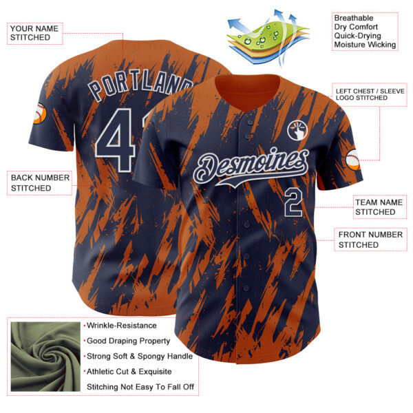 Custom Navy White-Bay Orange Splatter Torn Sharp Brush Stroke Authentic Baseball Jersey