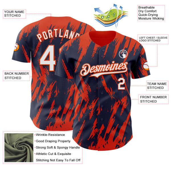 Custom Navy White-Orange Splatter Torn Sharp Brush Stroke Authentic Baseball Jersey