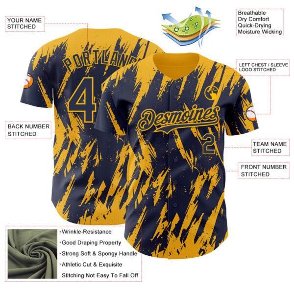Custom Navy Gold Splatter Torn Sharp Brush Stroke Authentic Baseball Jersey