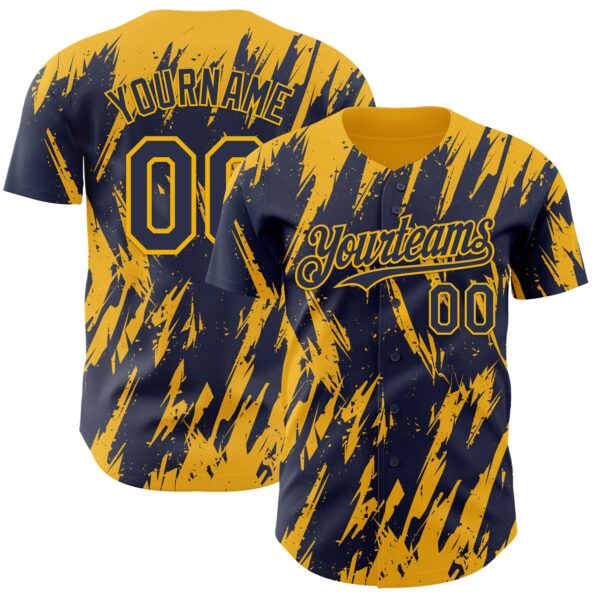 Custom Navy Gold Splatter Torn Sharp Brush Stroke Authentic Baseball Jersey