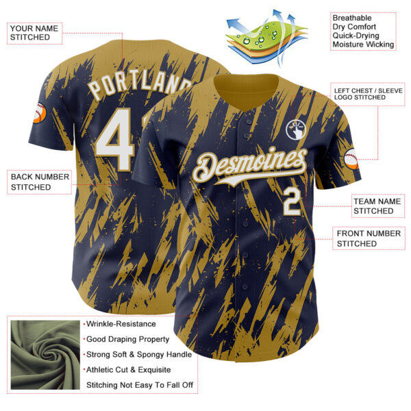 Custom Navy White-Old Gold Splatter Torn Sharp Brush Stroke Authentic Baseball Jersey