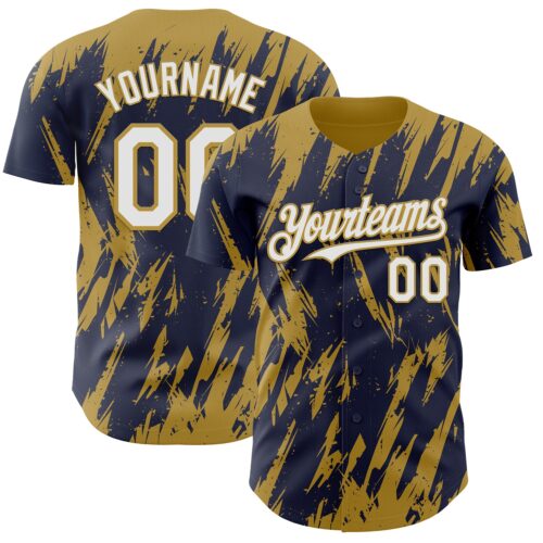 3DPattern13319 Custom Navy White-Old Gold Splatter Torn Sharp Brush Stroke Authentic Baseball Jersey
