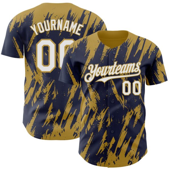 Custom Navy White-Old Gold Splatter Torn Sharp Brush Stroke Authentic Baseball Jersey