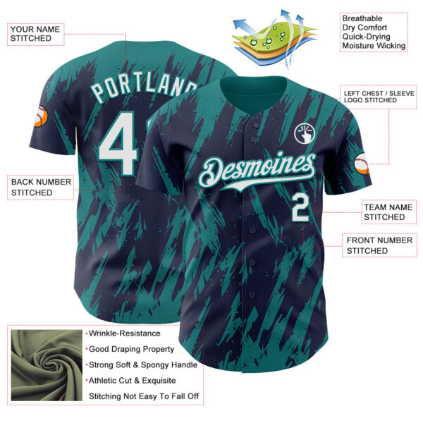Custom Navy White-Teal Splatter Torn Sharp Brush Stroke Authentic Baseball Jersey