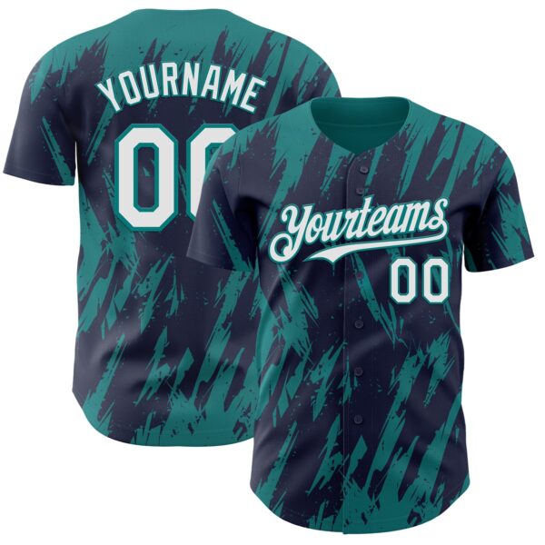 Custom Navy White-Teal Splatter Torn Sharp Brush Stroke Authentic Baseball Jersey