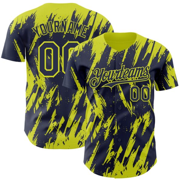Custom Navy Neon Yellow Splatter Torn Sharp Brush Stroke Authentic Baseball Jersey