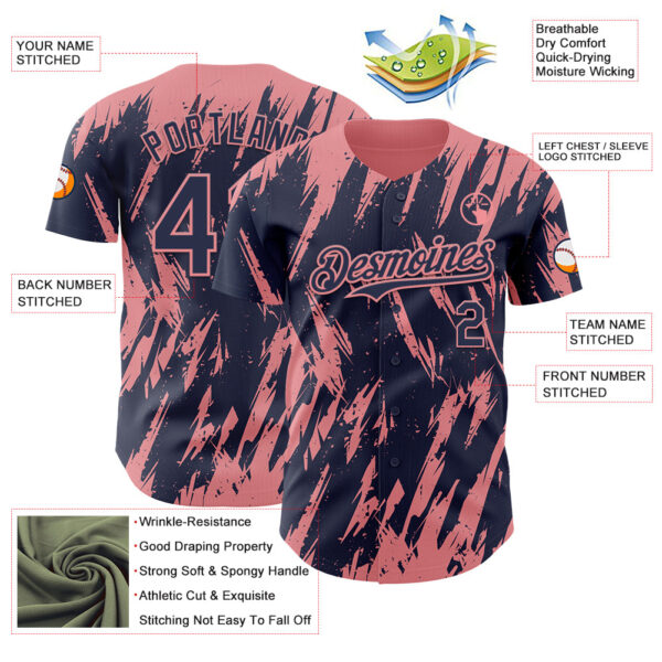 Custom Navy Medium Pink Splatter Torn Sharp Brush Stroke Authentic Baseball Jersey