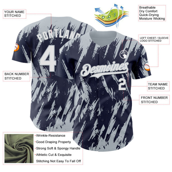 Custom Navy White-Silver Splatter Torn Sharp Brush Stroke Authentic Baseball Jersey