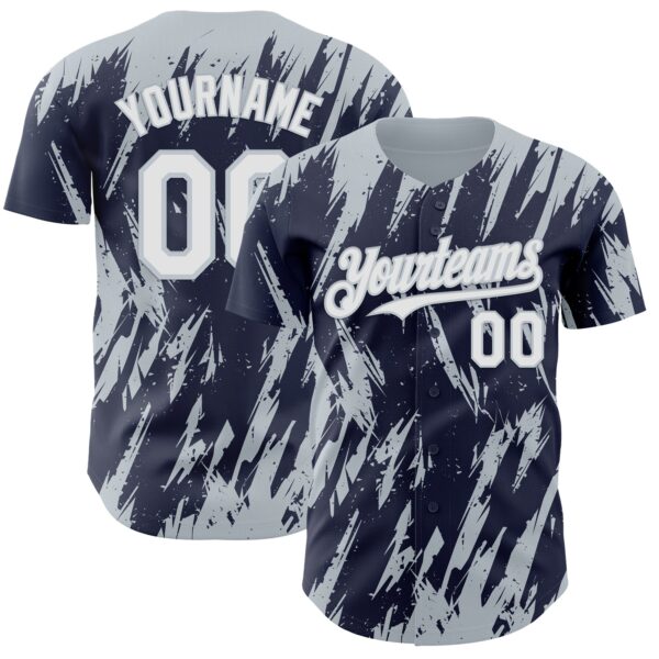 Custom Navy White-Silver Splatter Torn Sharp Brush Stroke Authentic Baseball Jersey