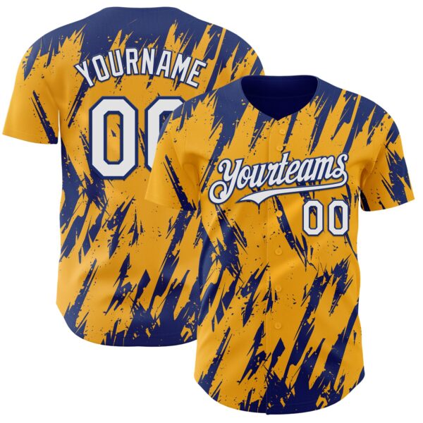 Custom Gold White-Royal Splatter Torn Sharp Brush Stroke Authentic Baseball Jersey