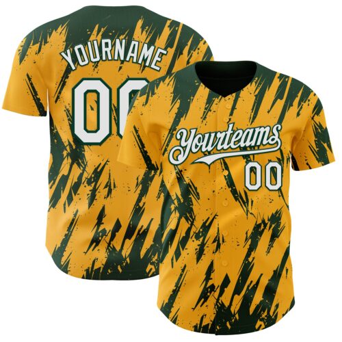 3DPattern13329 Custom Gold White-Green Splatter Torn Sharp Brush Stroke Authentic Baseball Jersey