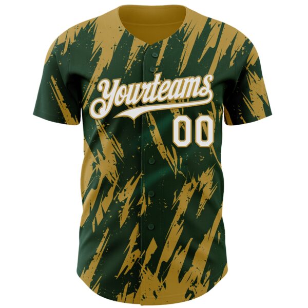 Custom Green White-Old Gold Splatter Torn Sharp Brush Stroke Authentic Baseball Jersey