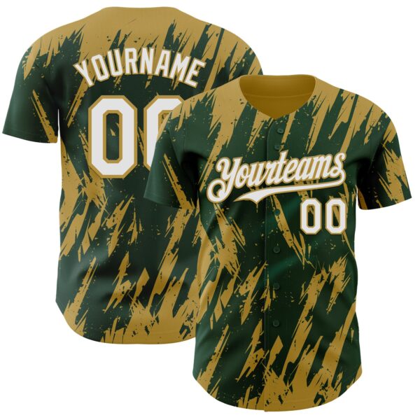 Custom Green White-Old Gold Splatter Torn Sharp Brush Stroke Authentic Baseball Jersey