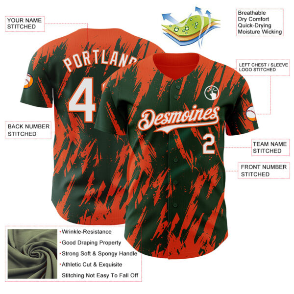 Custom Green White-Orange Splatter Torn Sharp Brush Stroke Authentic Baseball Jersey