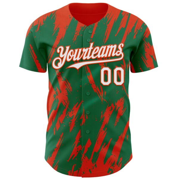 Custom Kelly Green White-Orange Splatter Torn Sharp Brush Stroke Authentic Baseball Jersey