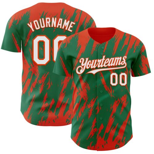 3DPattern13340 Custom Kelly Green White-Orange Splatter Torn Sharp Brush Stroke Authentic Baseball Jersey