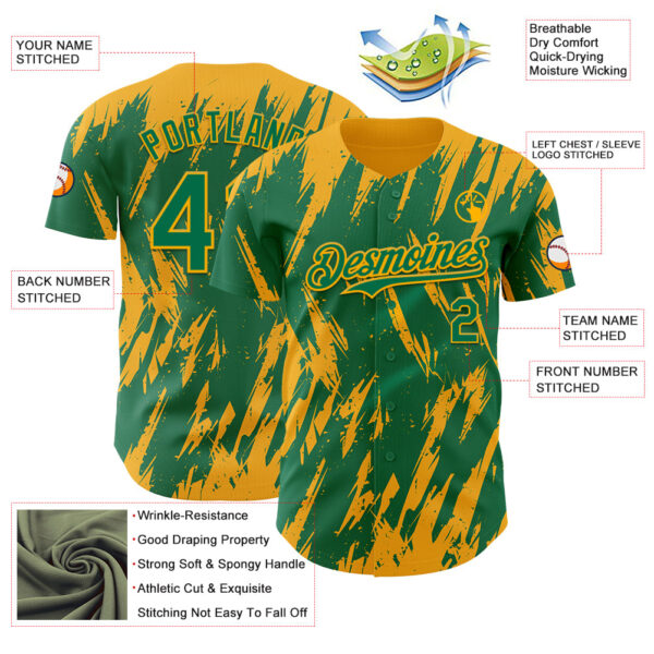 Custom Kelly Green Gold Splatter Torn Sharp Brush Stroke Authentic Baseball Jersey
