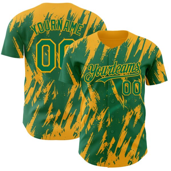 Custom Kelly Green Gold Splatter Torn Sharp Brush Stroke Authentic Baseball Jersey
