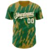 Custom Kelly Green White-Old Gold Splatter Torn Sharp Brush Stroke Authentic Baseball Jersey