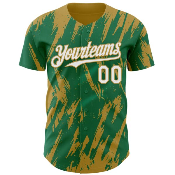 Custom Kelly Green White-Old Gold Splatter Torn Sharp Brush Stroke Authentic Baseball Jersey