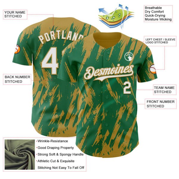 Custom Kelly Green White-Old Gold Splatter Torn Sharp Brush Stroke Authentic Baseball Jersey