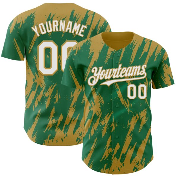 Custom Kelly Green White-Old Gold Splatter Torn Sharp Brush Stroke Authentic Baseball Jersey