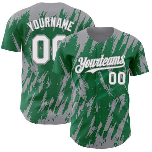 Custom Kelly Green White-Gray Splatter Torn Sharp Brush Stroke Authentic Baseball Jersey