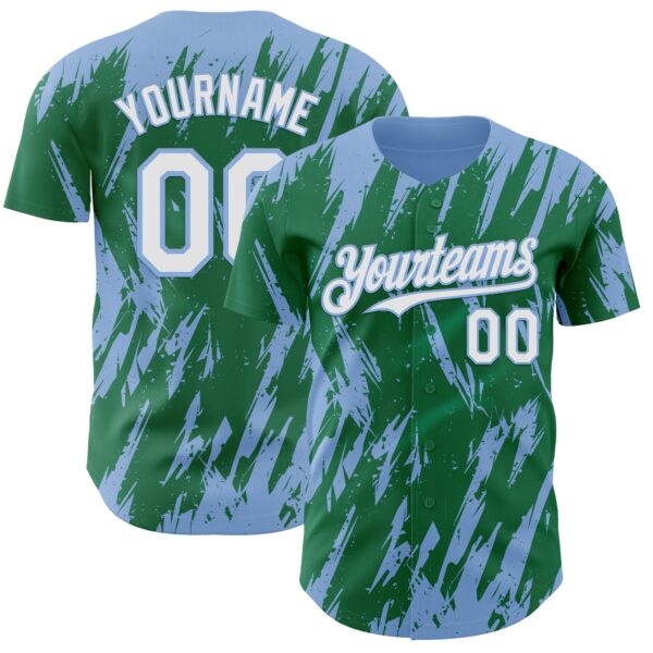 Custom Kelly Green White-Light Blue Splatter Torn Sharp Brush Stroke Authentic Baseball Jersey