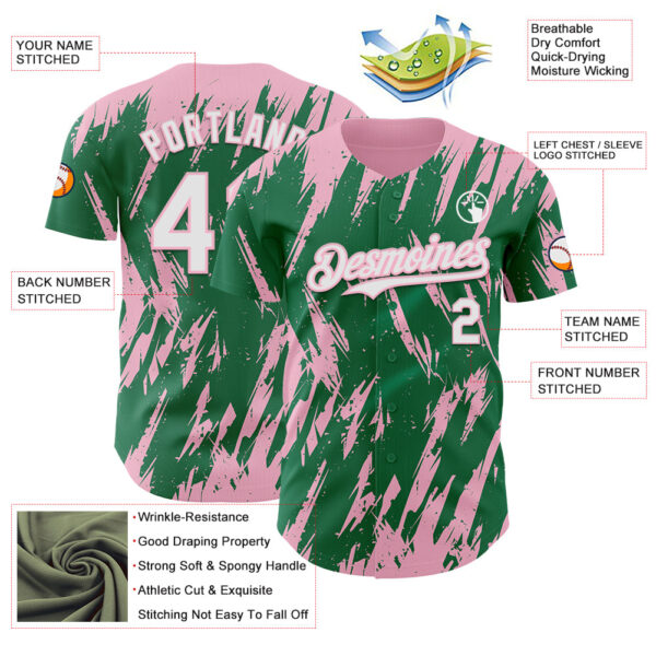 Custom Kelly Green White-Light Pink Splatter Torn Sharp Brush Stroke Authentic Baseball Jersey