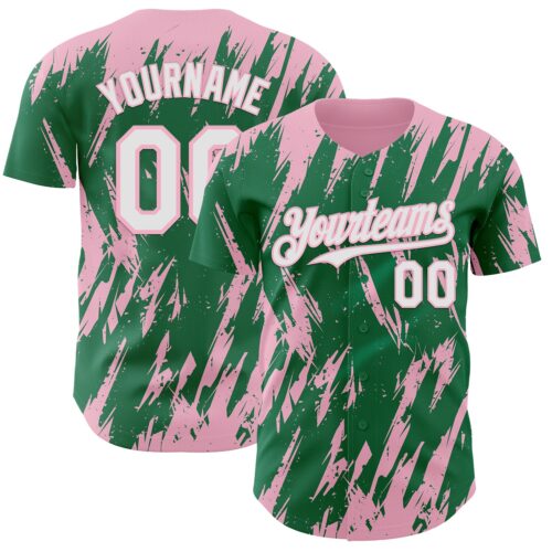 Custom Kelly Green White-Light Pink Splatter Torn Sharp Brush Stroke Authentic Baseball Jersey