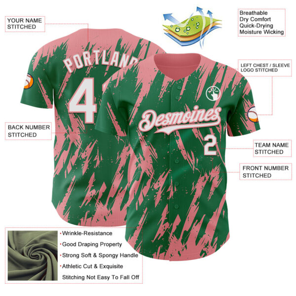 Custom Kelly Green White-Medium Pink Splatter Torn Sharp Brush Stroke Authentic Baseball Jersey