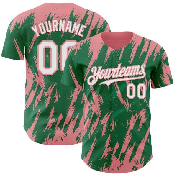Custom Kelly Green White-Medium Pink Splatter Torn Sharp Brush Stroke Authentic Baseball Jersey